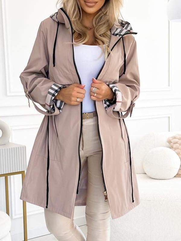 Damen Trenchcoat mit Kapuze und Karo für Frühling und Herbst - BerlinGlamour