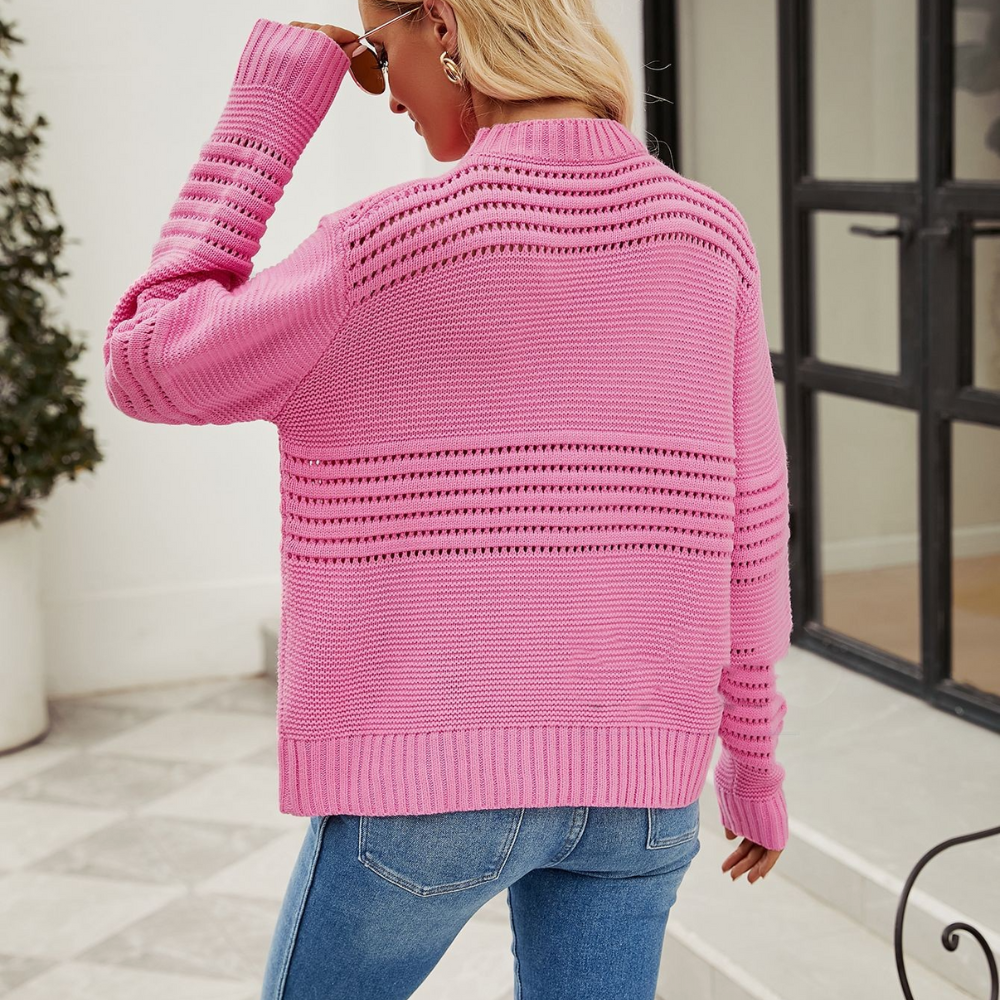 Damen Strickpullover Leicht Rundhals Pullover mit Lochmuster