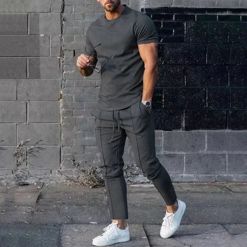 Herren Freizeit Set Slim Fit Zweiteiler T-Shirt Hose Modern