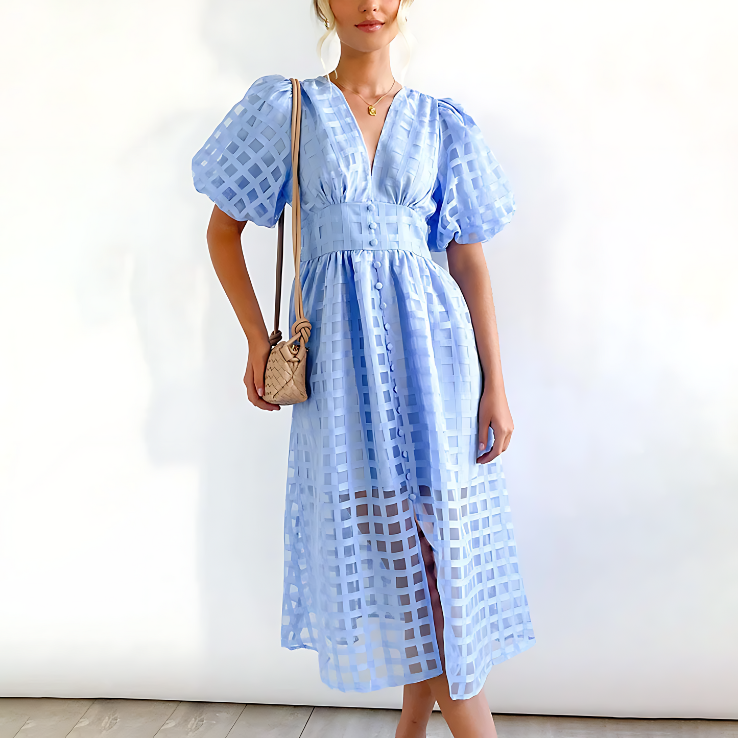 Sommerkleid Midi Karomuster Luftig mit V-Ausschnitt