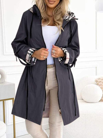 Damen Trenchcoat mit Kapuze und Karo für Frühling und Herbst