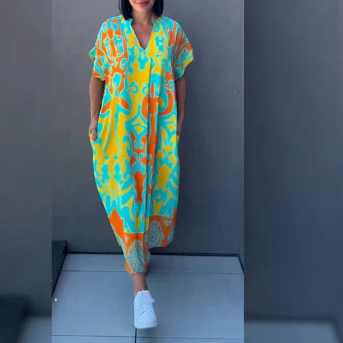 Farbenfrohes Kaftan Kleid Lässig Leinwand für Damen
