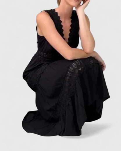 Damen Midikleid Ärmellos V-Ausschnitt Spitze Sommerkleid