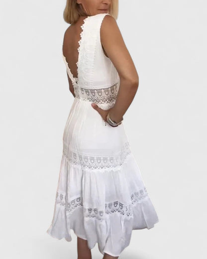 Damen Midikleid Ärmellos V-Ausschnitt Spitze Sommerkleid