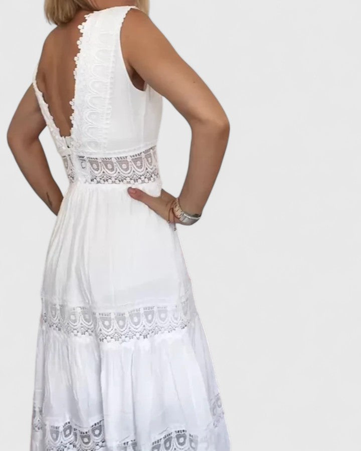 Damen Midikleid Ärmellos V-Ausschnitt Spitze Sommerkleid