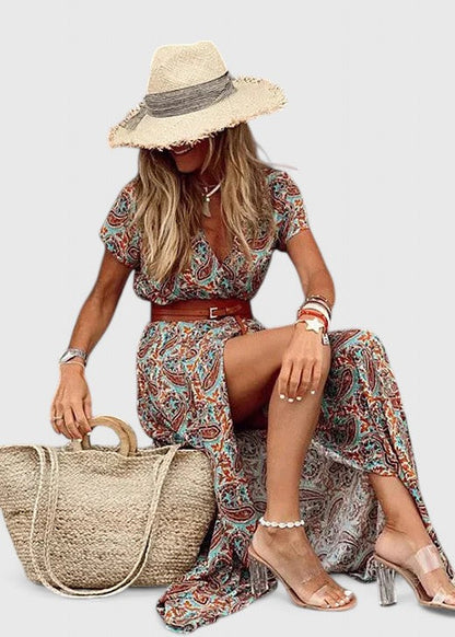 Damen Maxikleid Boho Stil V-Ausschnitt Lässig