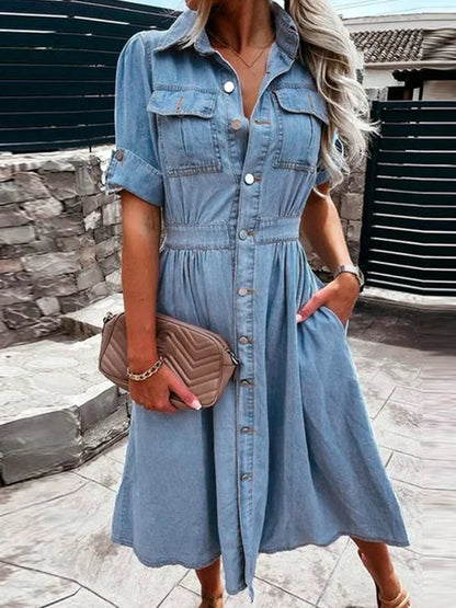 Damen Cardigan Kleid Denim Blau Mit Knöpfen