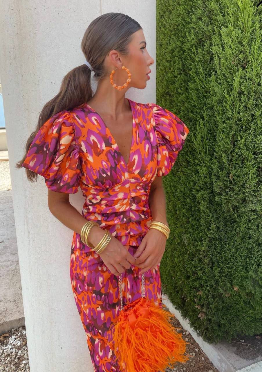 Damen Sommerkleid Bedruckt Puffärmel Midi Lang - BerlinGlamour