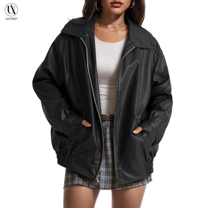 Lederjacke Bomber Modern Schwarz