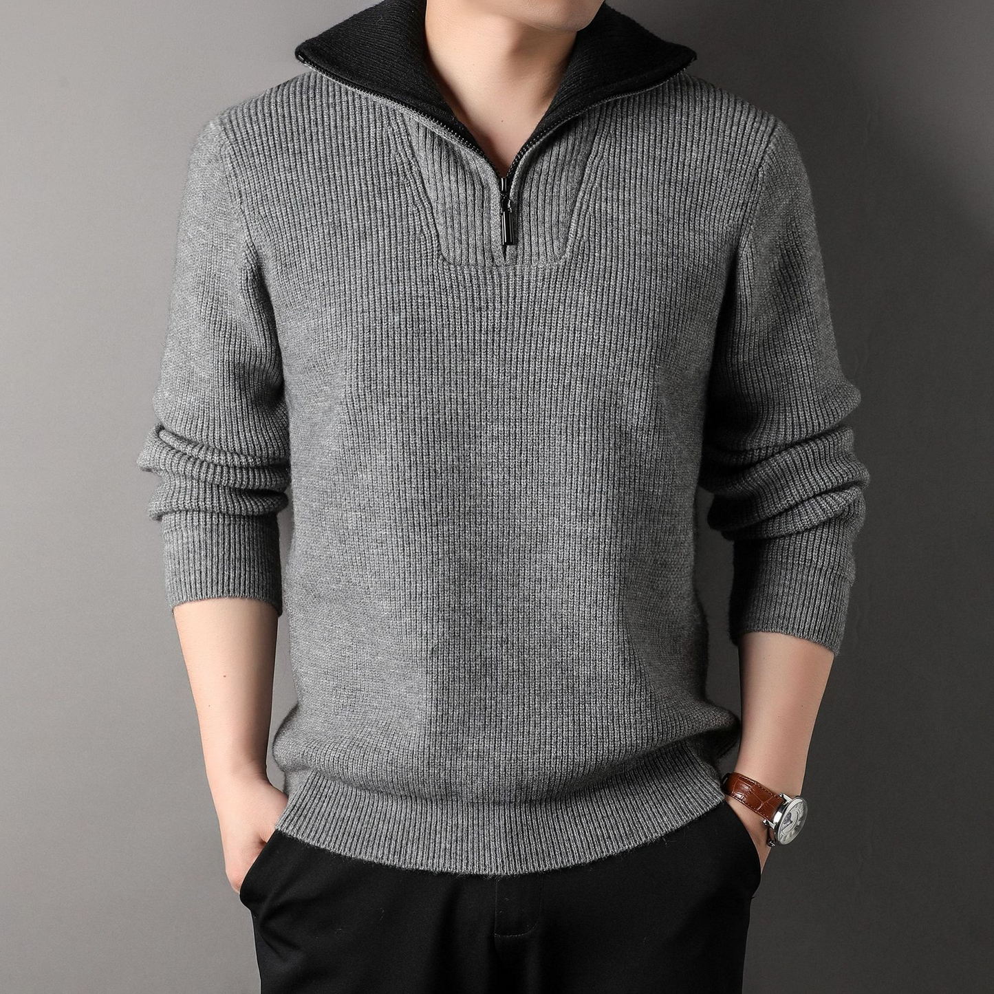 Lockere Strickjacke Rippenstrick Wolle Hochkragen Reißverschluss