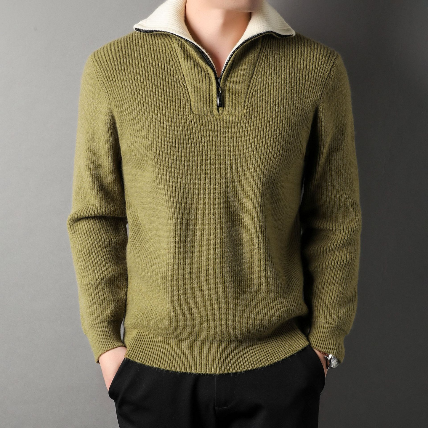 Lockere Strickjacke Rippenstrick Wolle Hochkragen Reißverschluss