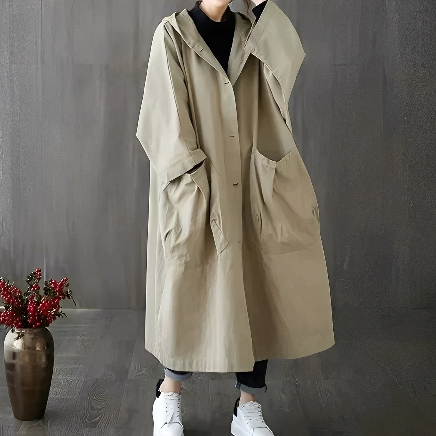 Frauen Trenchcoat Modern mit Taschen und Kapuze - BerlinGlamour