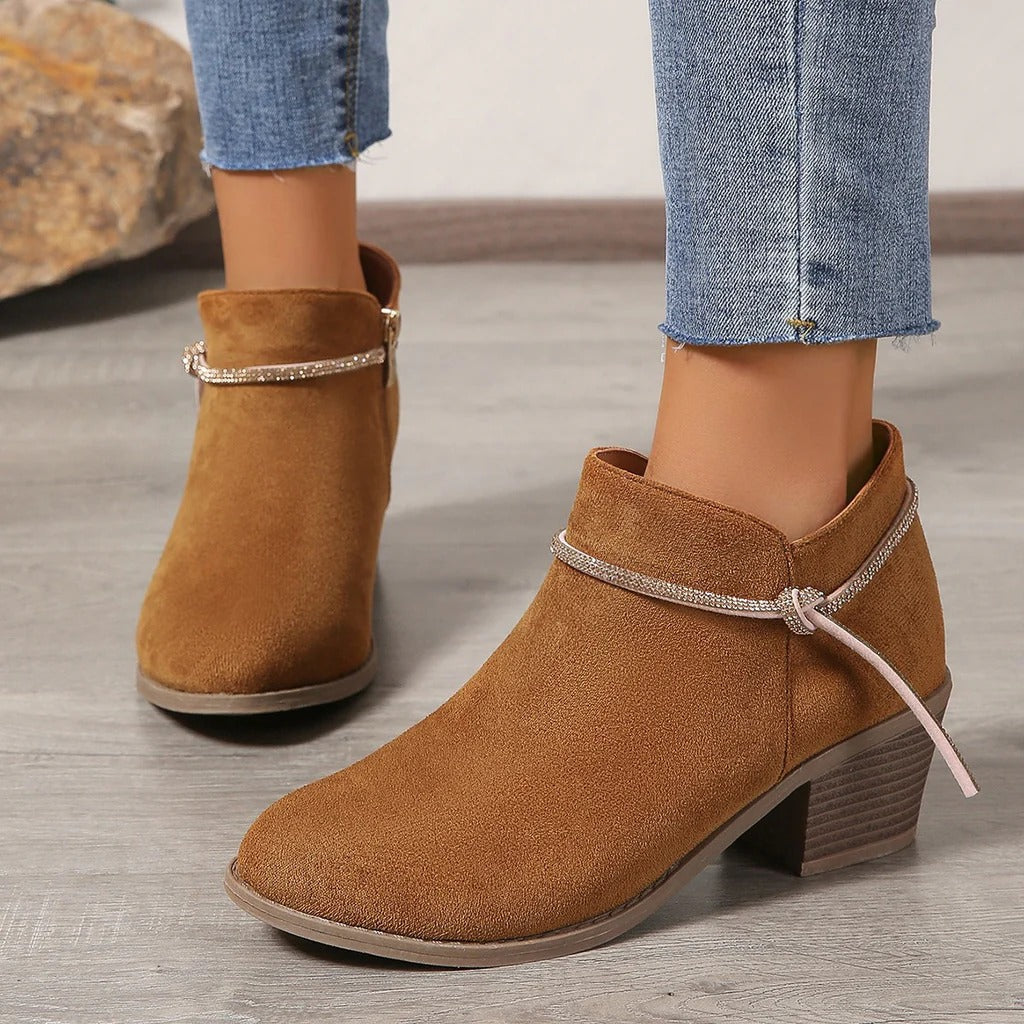 Stiefeletten Wildleder Optik Reißverschluss Grober Absatz