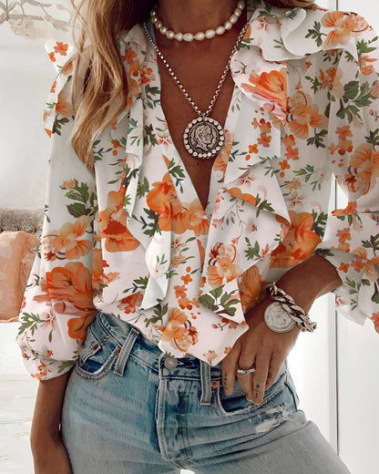 Bluse Frauen Rüschen Bluse Schmetterlingsmuster Sommer
