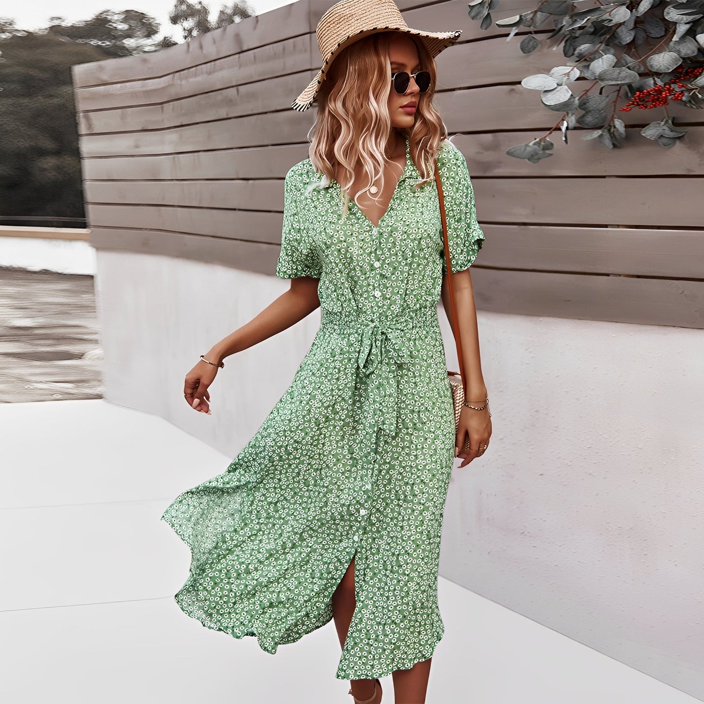 Sommer Midikleid Blumenmuster Elegant Damenkleid