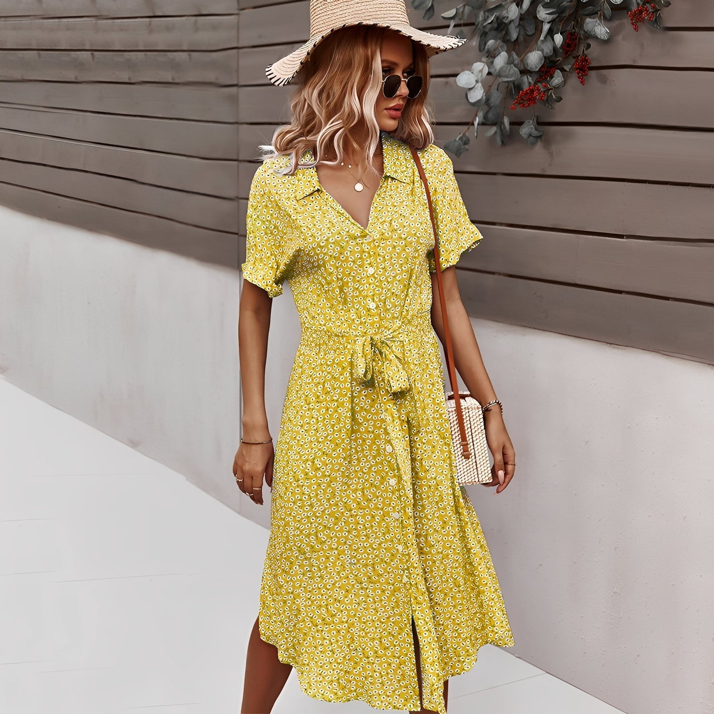 Sommer Midikleid Blumenmuster Elegant Damenkleid