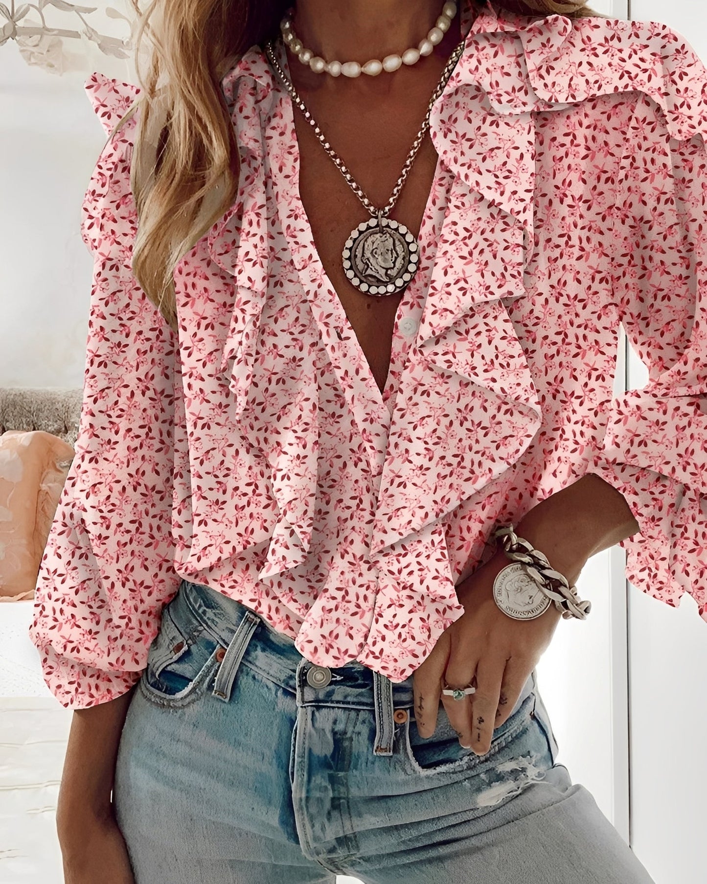 Bluse Frauen Rüschen Bluse Schmetterlingsmuster Sommer