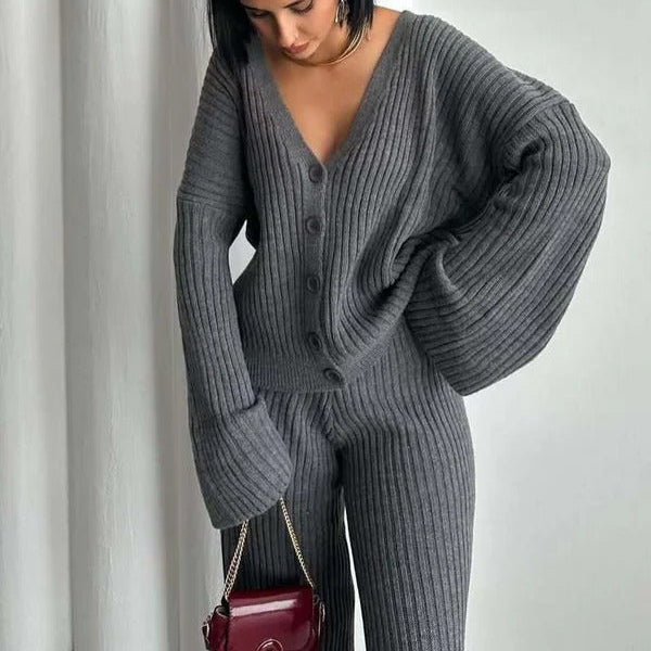 Weite Loungewear Set Übergröße Rippstruktur Gestrickt Bequem - BerlinGlamour