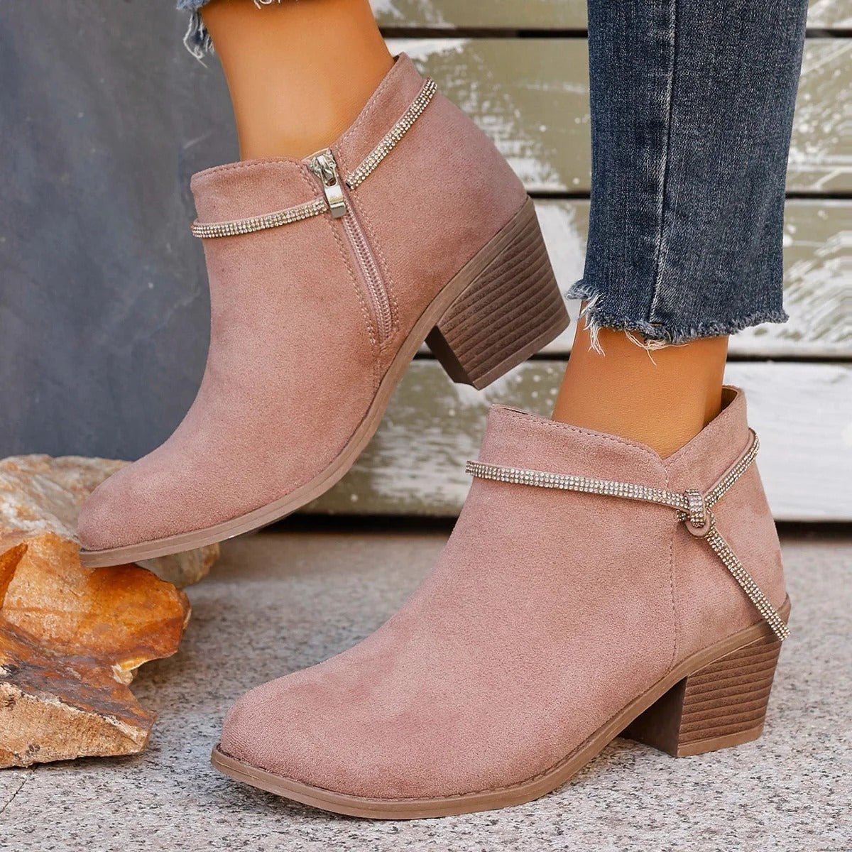 Stiefeletten Wildleder Optik Reißverschluss Grober Absatz