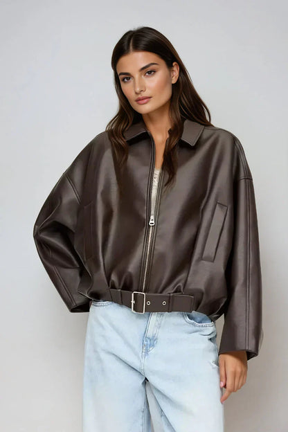 Vegan Leder Jacke Oversized Reißverschluss Damen - BerlinGlamour