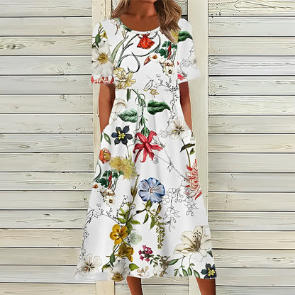 Elegantes Damenkleid Weiß Blumenmuster Midilänge Sommerkleid