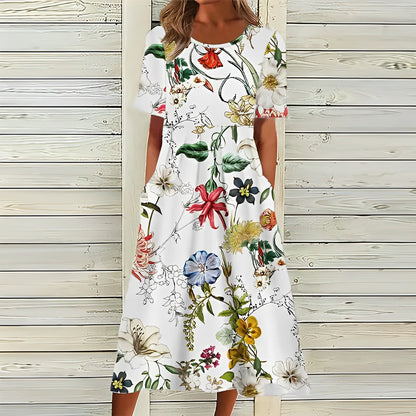 Elegantes Damenkleid Weiß Blumenmuster Midilänge Sommerkleid - BerlinGlamour