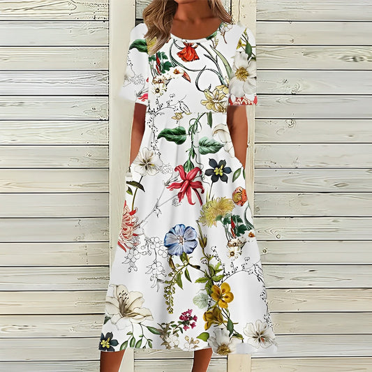 Elegantes Damenkleid Weiß Blumenmuster Midilänge Sommerkleid - BerlinGlamour