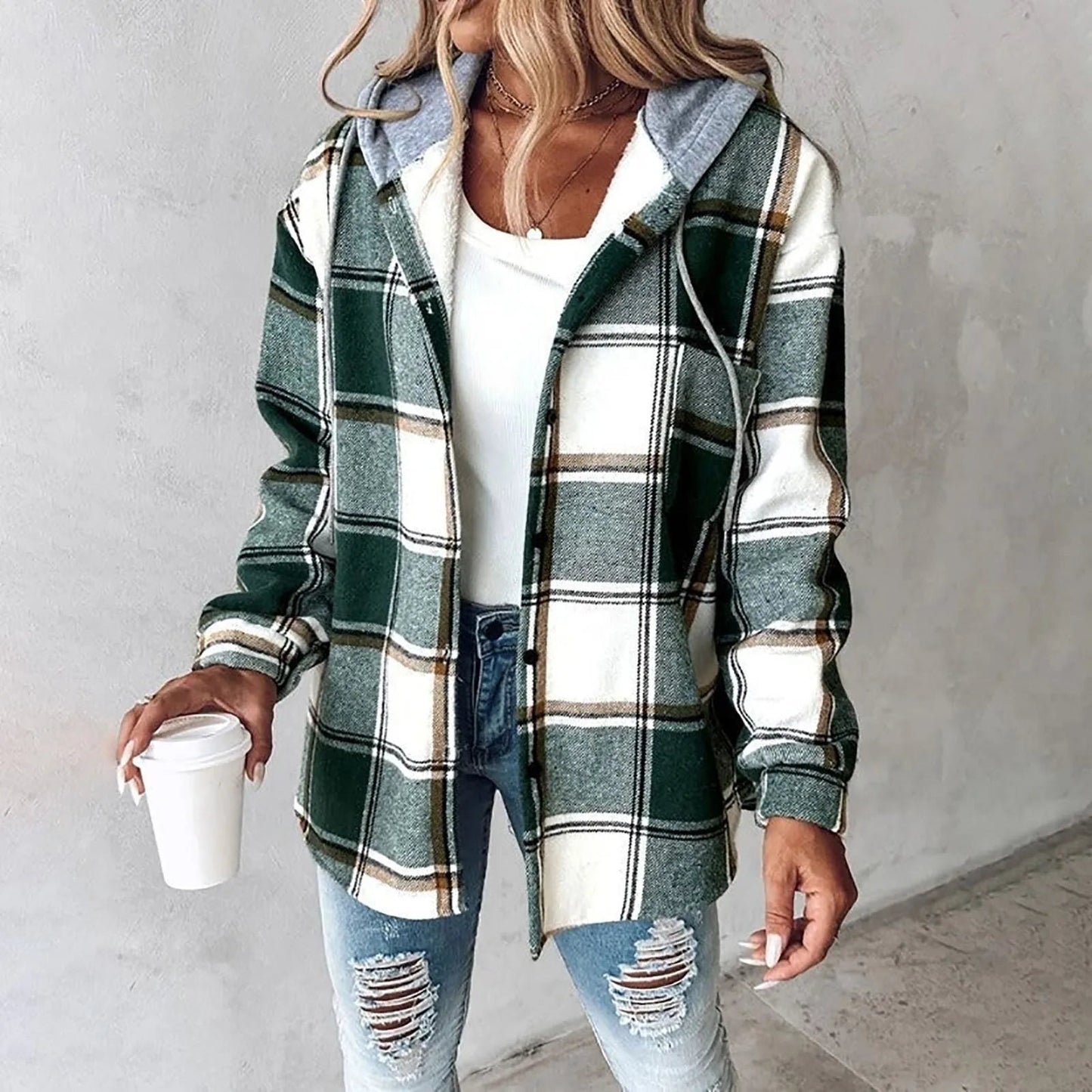 Damen Karo Hoodie Jacke Warm Winter Freizeit