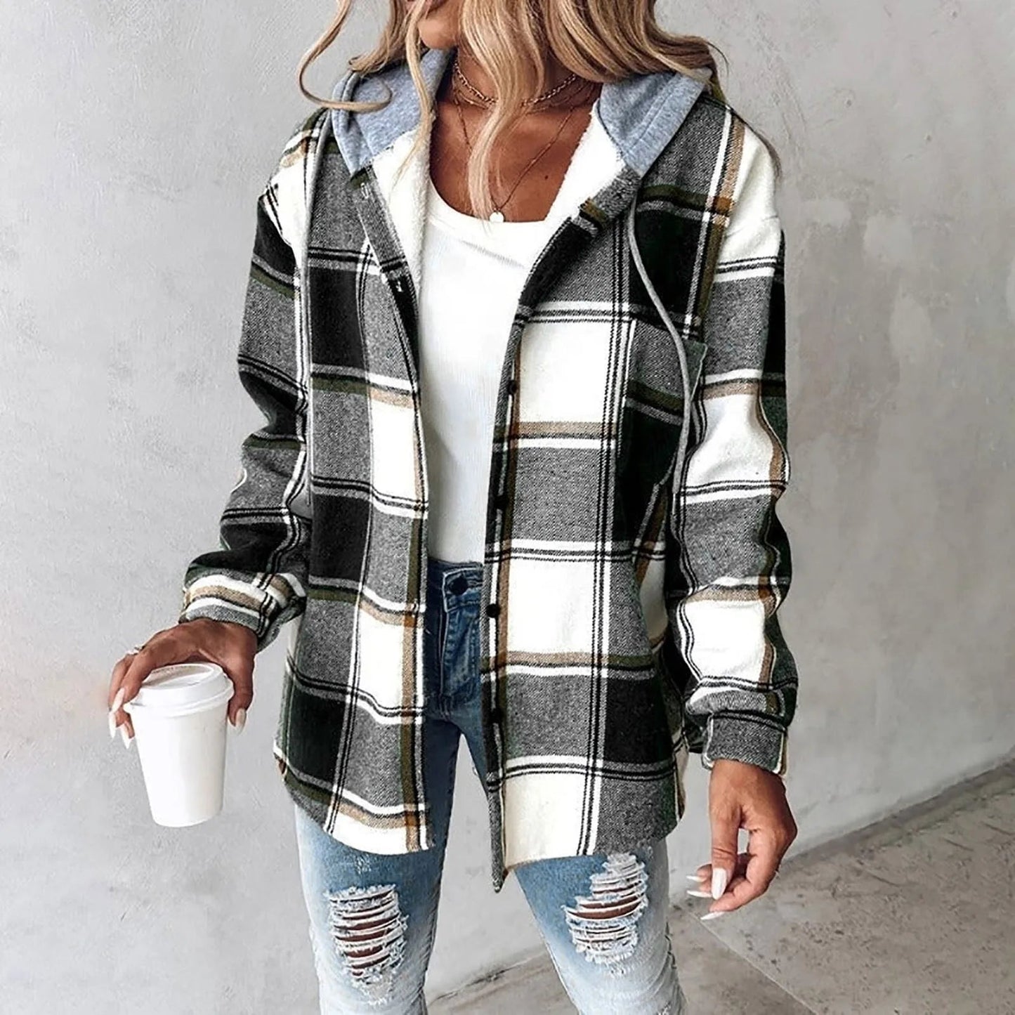 Damen Karo Hoodie Jacke Warm Winter Freizeit