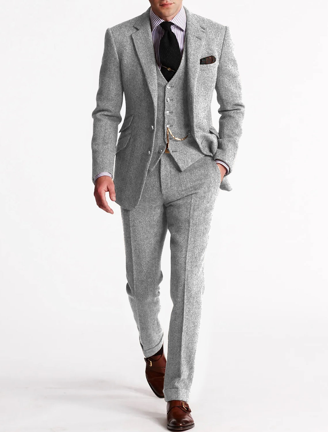Herrenanzug Klassisch Dreiteilig Tweed Schwarz