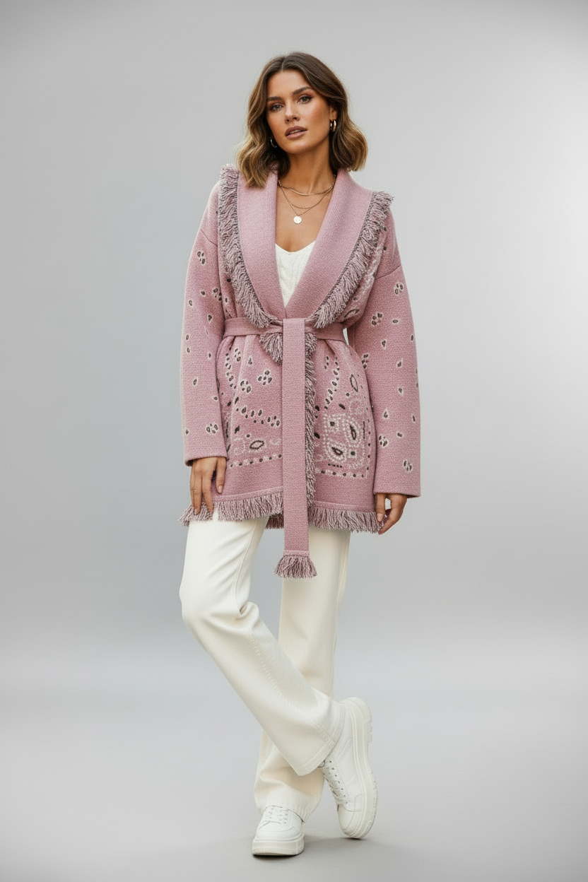 Damen Cardigan Strickjacke Warm mit Fransen und Muster