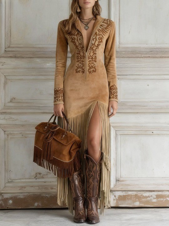 Damen Maxi Kleid Suede Sommerlang Fringe Style