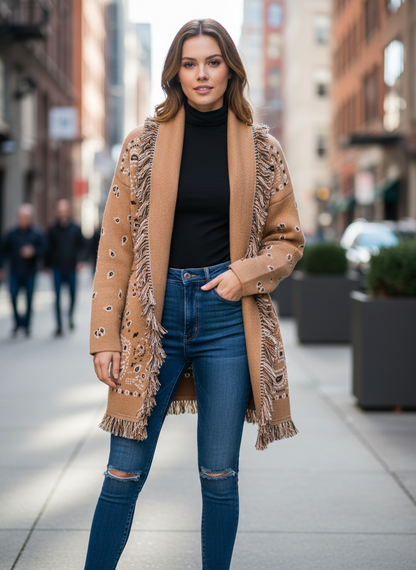 Damen Cardigan Strickjacke Warm mit Fransen und Muster
