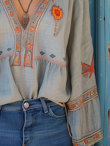 Damen Bluse Boho Stil V-Ausschnitt Stickerei