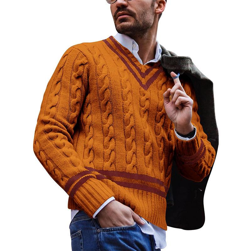 Herrenpullover IGOR: Gestreift, V-Ausschnitt, Colorblock-Strick