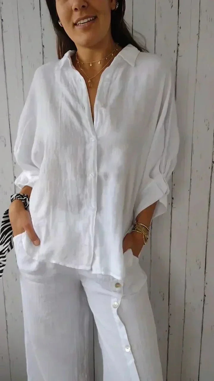 Damen Bluse Baumwoll Leinen Bluse mit Knöpfen Elegant