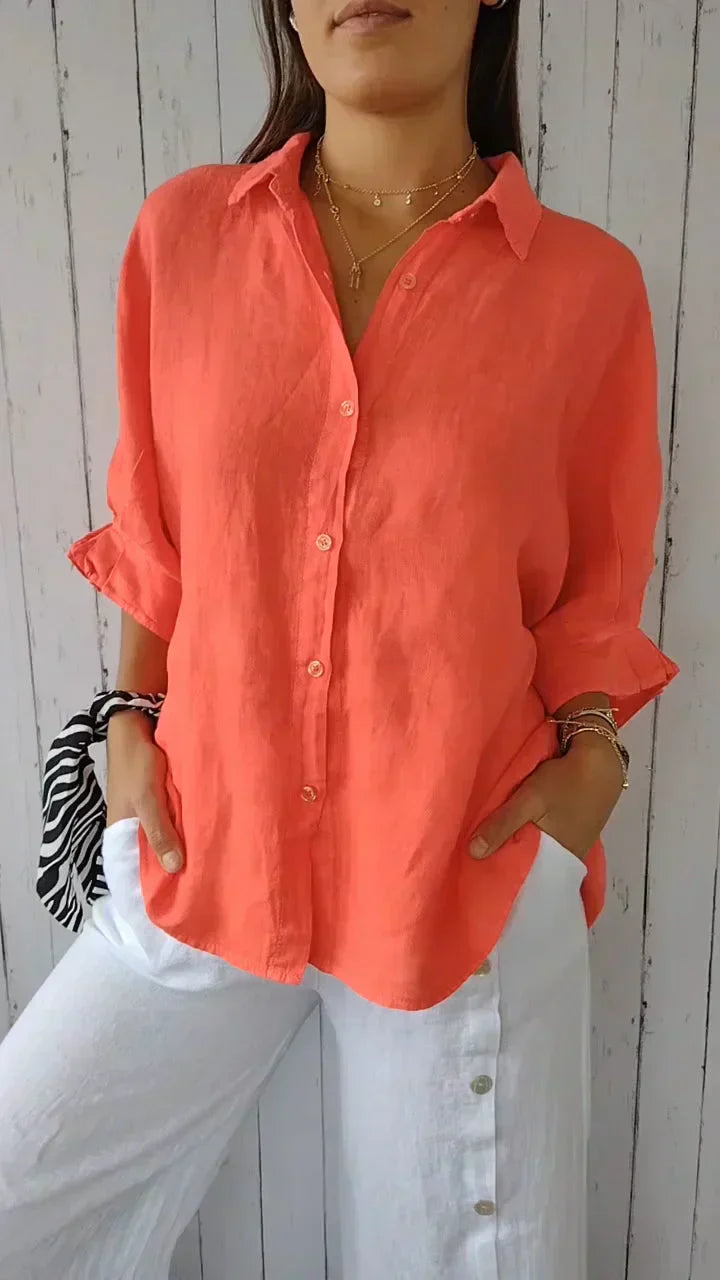 Damen Bluse Baumwoll Leinen Bluse mit Knöpfen Elegant