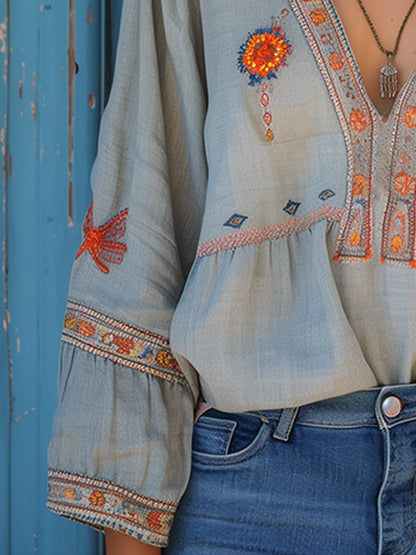 Damen Bluse Boho Stil V-Ausschnitt Stickerei