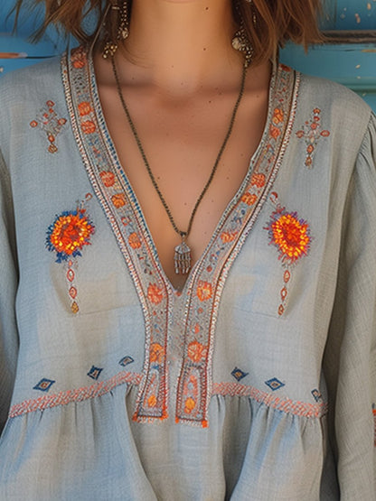 Damen Bluse Boho Stil V-Ausschnitt Stickerei
