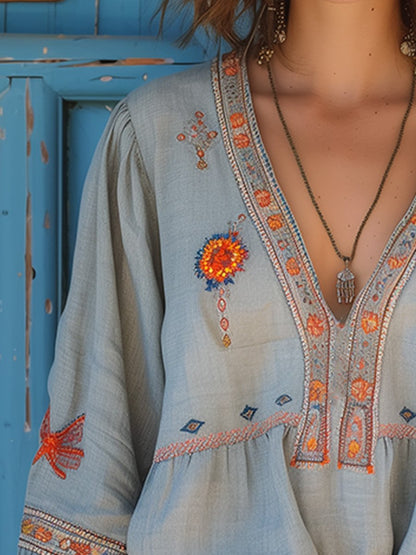 Damen Bluse Sommer Boho Bestickt Leichtig