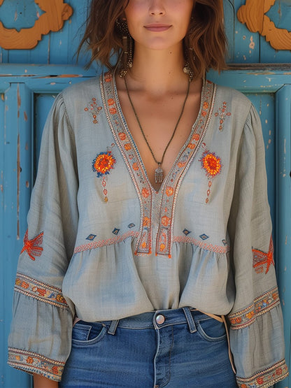 Damen Bluse Boho Stil V-Ausschnitt Stickerei - BerlinGlamour
