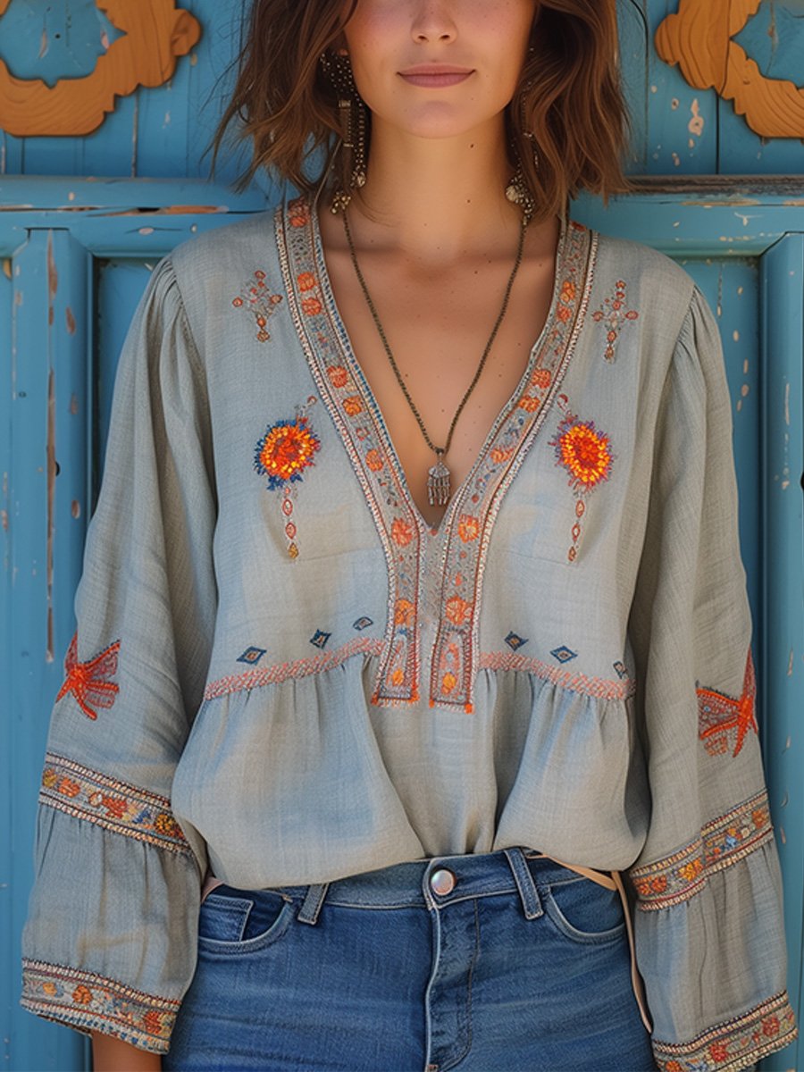 Damen Bluse Sommer Boho Bestickt Leichtig - BerlinGlamour