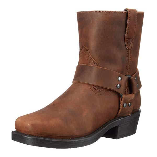 Damen Lederstiefel Bikerstil Mid Cut Harness Details - BerlinGlamour