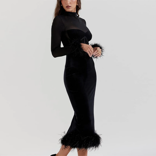 BerlinGlamour Elegantes Feder-Midi-Kleid für Damen