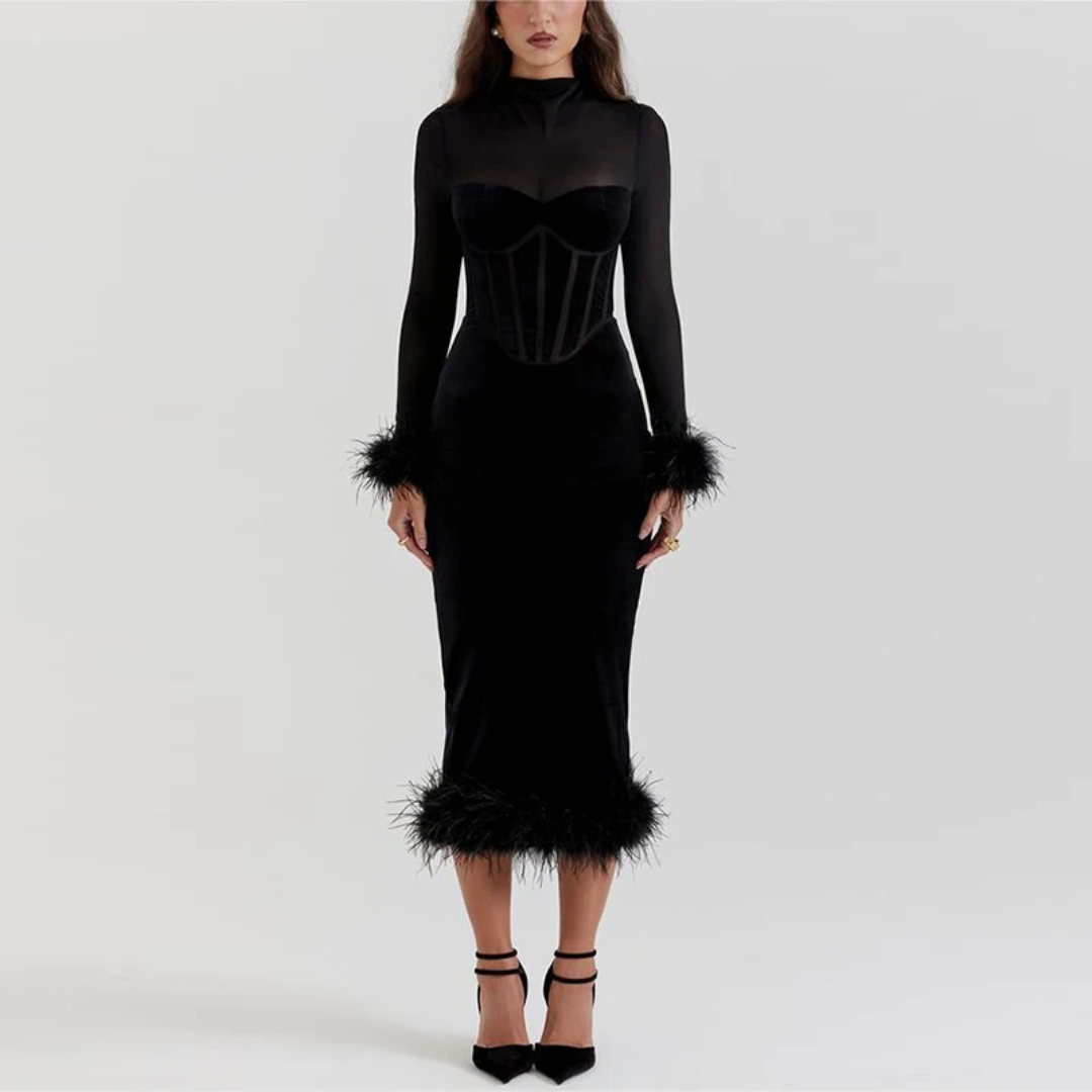 BerlinGlamour Elegantes Feder-Midi-Kleid für Damen