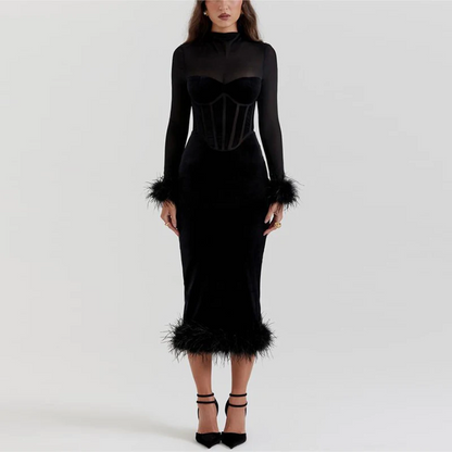 BerlinGlamour Elegantes Feder-Midi-Kleid für Damen