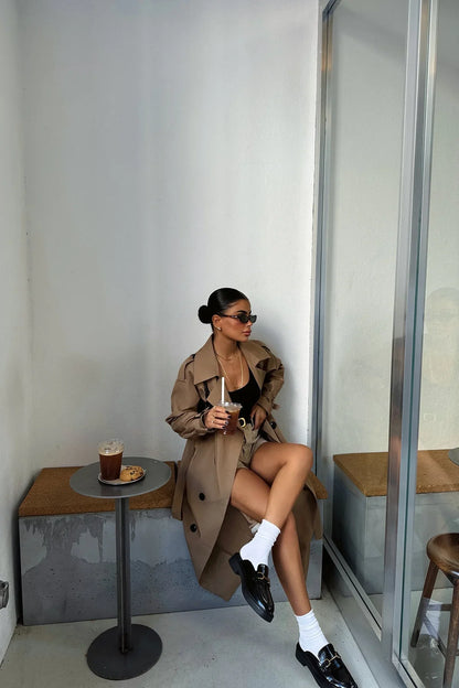 Damen Trenchcoat Braun Elegant Lang