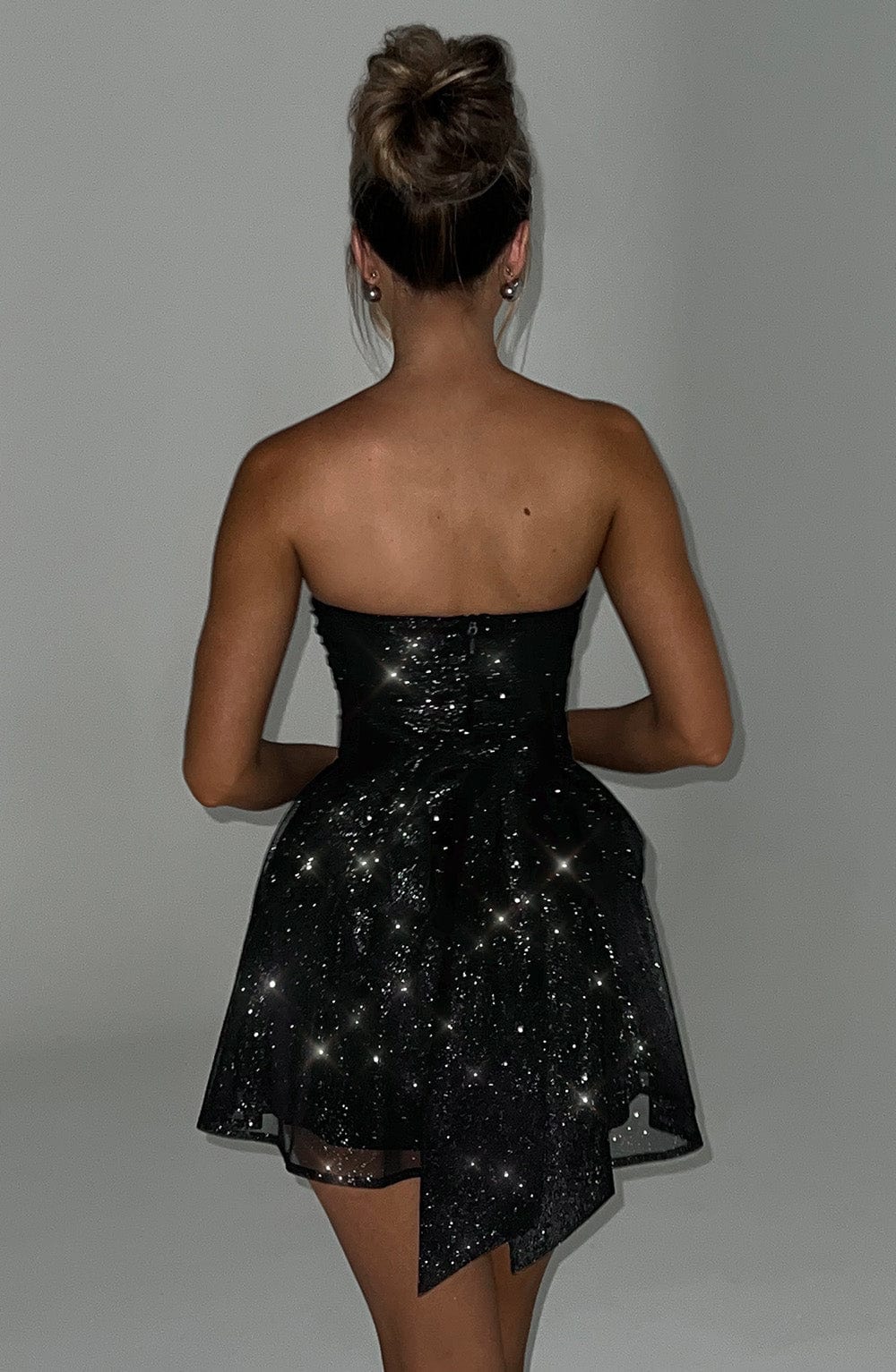 Kleid Minikleid Schulterfrei Glitzer Rock Party