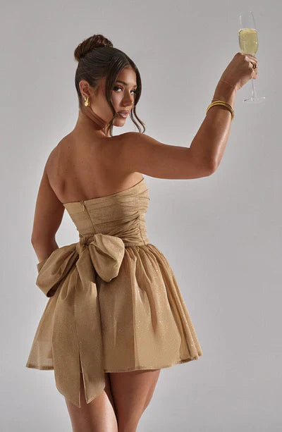 Kleid Minikleid Schulterfrei Glitzer Rock Party
