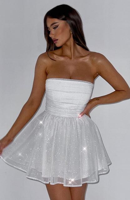 Weißes Mini-Kleid Glitter Partykleid Damen